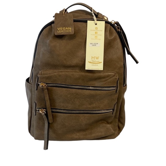 Madison West Handbags - Madison West Taupe Vegan Leather Multi-compartment Backpack Purse